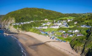 an aerial view of a beach with houses on a hill at Ship Inn in Aberporth