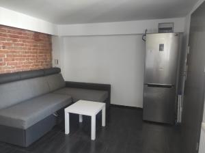 ein Wohnzimmer mit Couch und Kühlschrank in der Unterkunft Apartament przy plaży in Danzig