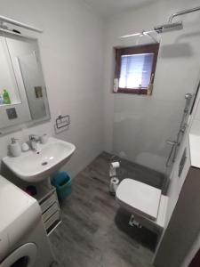 a bathroom with a sink and a toilet and a mirror at Plavi apartman Airport in Belgrade +15 photos