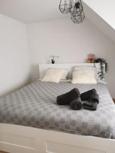 En eller flere senge i et værelse på Spacious villa near a lake
