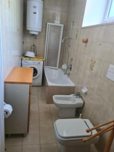 a bathroom with a toilet and a sink and a washing machine at Appartment Deville with Garden in Moena