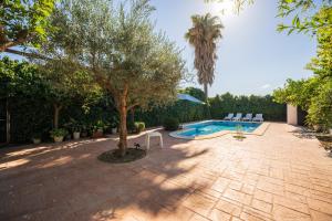 a patio with a tree and a swimming pool at Cortijo Vélez in Trapiche