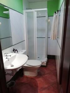 y baño con aseo, ducha y lavamanos. en Hotel Plateros, en Córdoba