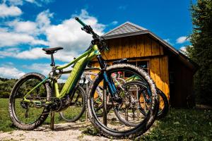 a bike is parked in front of a cabin at Glamping FOREST EDGE in Kamnik