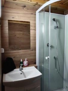 La salle de bains est pourvue d'un lavabo et d'une douche en verre. dans l'établissement domek letniskowy Agroturystyka Sajkiewicz, à Chmielnik