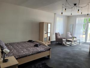 1 dormitorio con 1 cama, 1 silla y 1 mesa en Vārves Muiža en Vārve