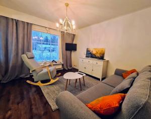 ein Wohnzimmer mit einem Sofa und einem Stuhl in der Unterkunft Cozy house with sauna 10 min walk to Santa Claus Village in Rovaniemi