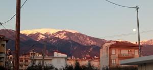 a city with a mountain in the background at Studios Λύδια in Paralía Skotínis