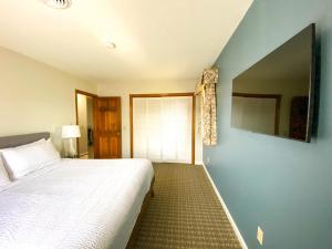 um quarto com uma cama e uma parede azul em The Central Downtown Inn Suites em Pittsfield