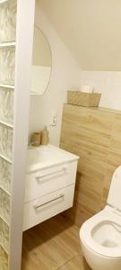 une salle de bain blanche avec toilettes et lavabo dans l'établissement Willa Wiosenna, à Kołobrzeg 22 autres photos