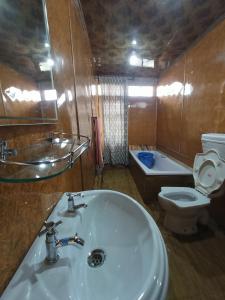 ein Badezimmer mit einem Waschbecken, einem WC und einer Badewanne in der Unterkunft Houseboat New Jahangir And Morning Car in Srinagar