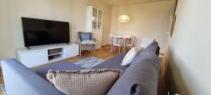 Una sala de estar con un sofá azul y un televisor de pantalla plana. en APARTAMENTO CAMP DE MORVEDRE, en Castellón de la Plana