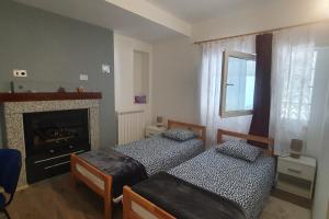 2 łóżka pojedyncze w pokoju z kominkiem w obiekcie Relaxing apartment Gardens for max 8 persons in green central Istria w mieście Novaki Pazinski