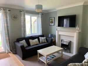 a living room with a couch and a fireplace at Merchant House Snettisham in Kings Lynn