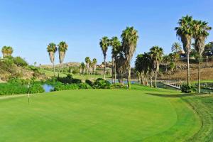 マスパロマスにあるSalobre Vista Golf 23のヤシの木と池のあるゴルフ場