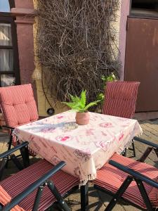una mesa con un mantel y dos sillas en Hotel Eulenhof, en Gransdorf