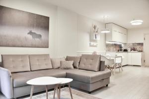 a living room with a couch and a table at Apartmentai "Nidos Vilnelė" in Nida