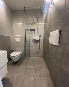 uma casa de banho com uma cabina de duche em vidro e um WC. em Mediteran Hvar - Modern Rooms and Restaurant, B&B em Vrboska
