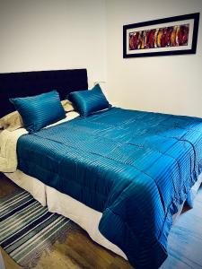 コルドバにあるDepartamento Boutique III en Nueva Cordobaのベッドルーム(青い枕付きの青いベッド1台付)