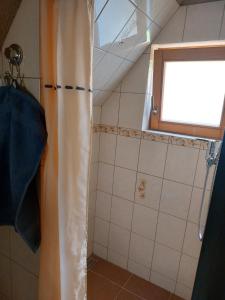 a bathroom with a shower curtain and a window at Chatka pod jaskyňou in Malužiná