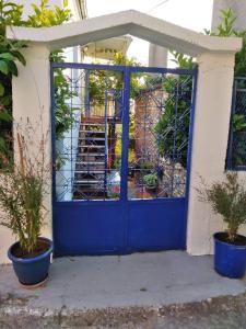 eine blaue Tür mit zwei Topfpflanzen davor in der Unterkunft Aegean blue in Kallirákhi
