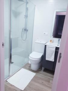 a bathroom with a shower and a toilet and a sink at Premier Apartments in Valencia