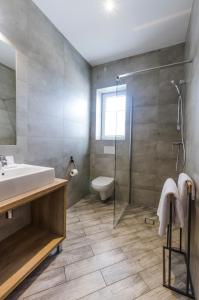 ein Bad mit einem Waschbecken, einer Dusche und einem WC in der Unterkunft Karkonoskie Widoki in Karpacz