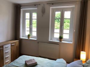 a bedroom with three windows and a bed in it at FeWo "Biela", gemütlich, zentral, ruhig, Terrasse, Sandstein-Ferien, Familienfreundl in Königstein an der Elbe