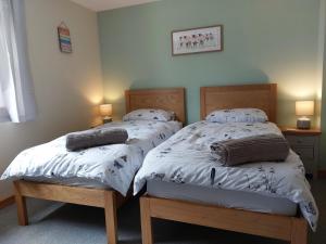 two twin beds in a bedroom with two lamps at Two bedroom cottage - country lane -10 min walk to Perranporth beach in Perranporth