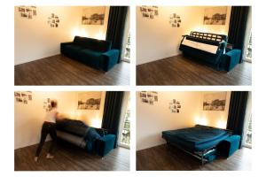 three pictures of a woman standing next to a couch and a bed at L.E. Home II in Leipzig