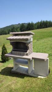 a stone barbecue sitting in the middle of a field at Vikendica Studenac in Zlatibor