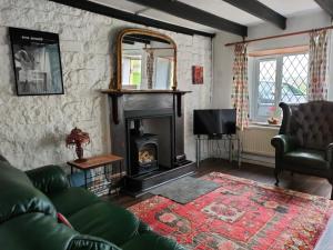 a living room with a fireplace and a green couch at APPLE COTTAGE in Brynamman