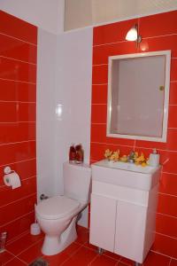 ein rotes Badezimmer mit Toilette und Spiegel in der Unterkunft Design Art Home in Zoödóchos