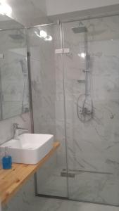 a bathroom with a sink and a shower at George & Dimitra's House in Kharokopión
