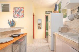 una cucina con bancone e frigorifero di Appartement La Source -Calme avec belle vue mer a Les Trois-Îlets