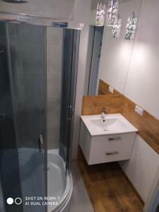 a bathroom with a shower and a sink at Apartament4U - Olimpijskie Ogrody in Suwałki