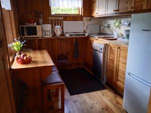 a kitchen with wooden cabinets and a white refrigerator at Mazurski Domek in Dłużek