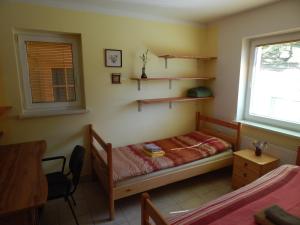 a bedroom with a bed and a window and shelves at Sunny Holiday House B&B in Ljubno