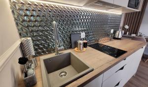 a kitchen with a sink and a counter top at Polonia Apartments in Łódź