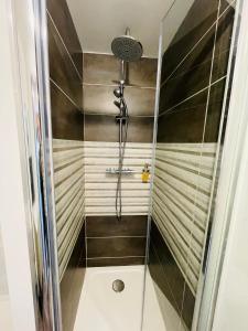 La salle de bains est pourvue d'une douche avec un pommeau de douche. dans l'établissement Studio 5 charmant tout équipé à la gare de Lorient, à Lorient