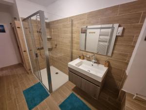 uma casa de banho com um lavatório e um chuveiro em Privée : Jacuzzi + sauna + billard + jeux SO em Saint-Quentin