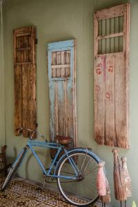 a blue bike parked next to a wall with windows at Alma de Zorro in Bacalar