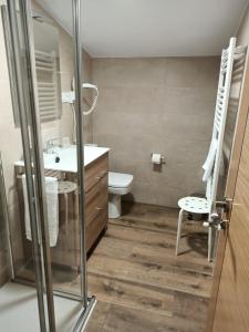 Un baño con inodoro, lavabo y ducha. en Los Casares, en Riaño 37 fotos más