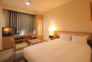 een hotelkamer met een bed en een televisie bij Odakyu Station Hotel Hon-Atsugi in Atsugi