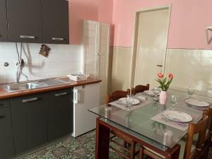 uma cozinha com uma mesa de jantar e um lavatório em Apartman Mateo em Lozovac