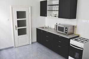 a small kitchen with a microwave and a stove at Vácz Up! Apartment & Studio in Vác