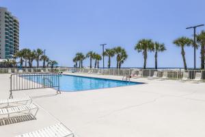 a swimming pool with palm trees and the ocean at Regency Isle Unit 307 in Orange Beach