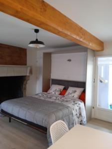 1 dormitorio con 1 cama y chimenea en Chambres d'hôtes les Clématites en Cotentin, en Saint-Floxel