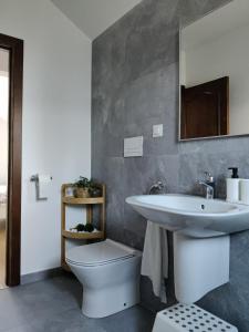 a bathroom with a sink and a toilet and a mirror at Ara Chalet in Bran