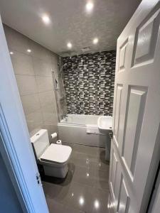 a bathroom with a toilet and a tub and a sink at Cosy Jesmond 3 bed apartment - fantastic location in Jesmond